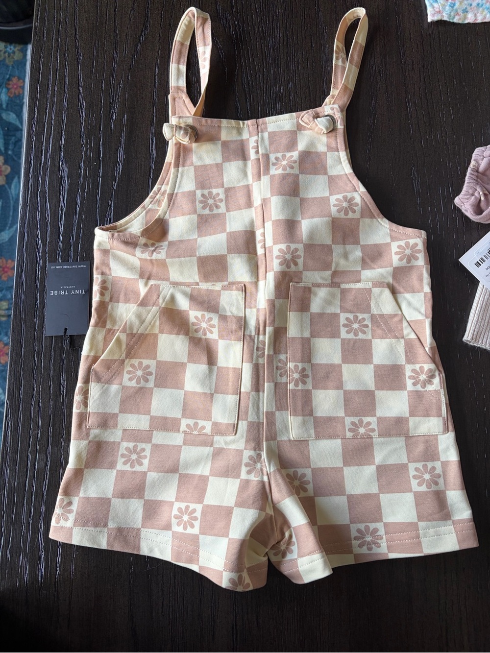 Girls' Cream and Pink Checkerboard Floral Short Dungaree Romper